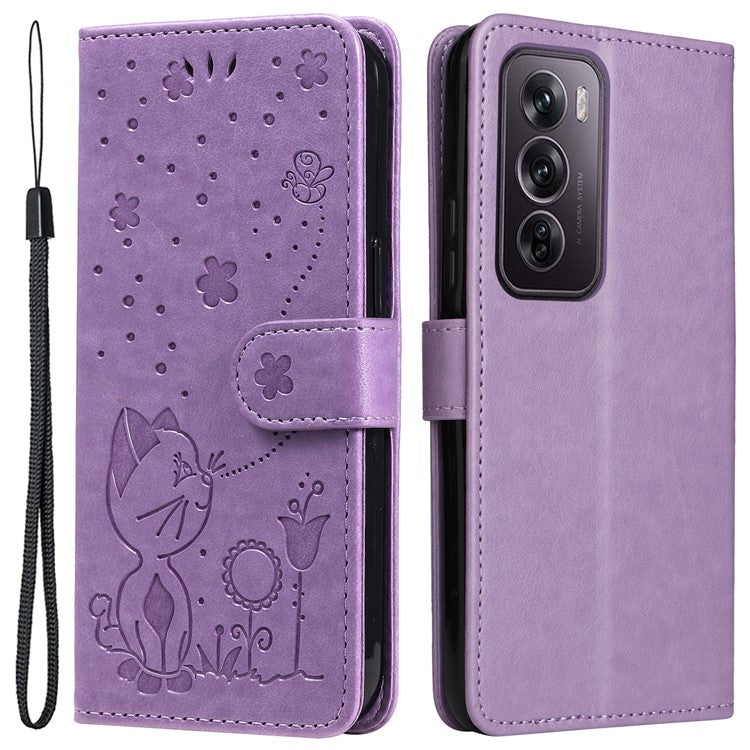 KT Imprinting Flower Series-4 For Oppo Reno12 Pro 5G (Global) / (China) Phone Case Cat Pattern Leather Wallet Cover - Light Purple