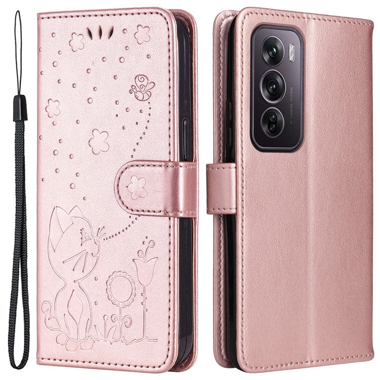 KT Imprinting Flower Series-4 For Oppo Reno12 Pro 5G (Global) / (China) Phone Case Cat Pattern Leather Wallet Cover - Rose Gold