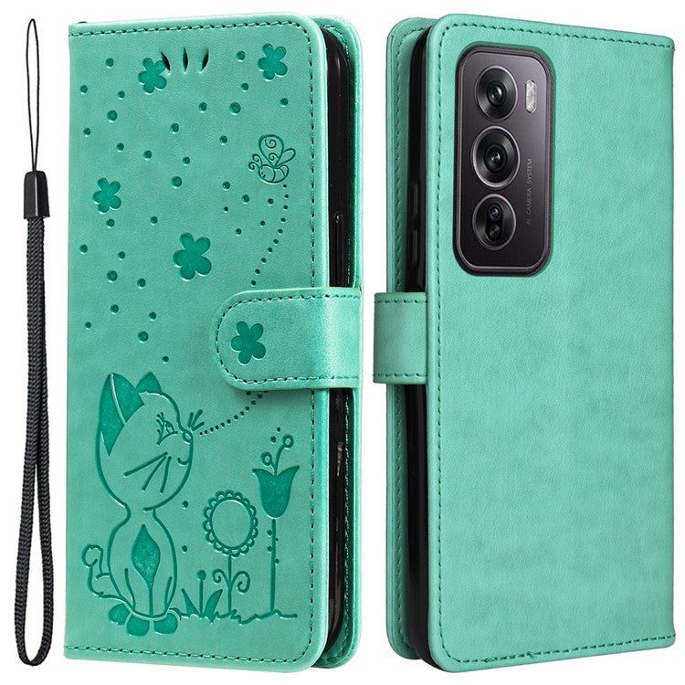 KT Imprinting Flower Series-4 For Oppo Reno12 Pro 5G (Global) / (China) Phone Case Cat Pattern Leather Wallet Cover - Green