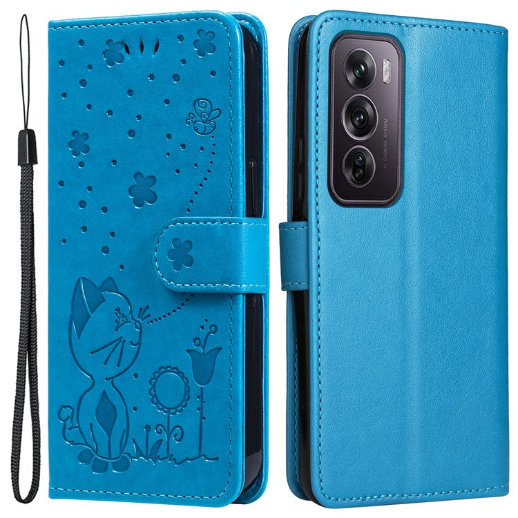 KT Imprinting Flower Series-4 For Oppo Reno12 Pro 5G (Global) / (China) Phone Case Cat Pattern Leather Wallet Cover - Blue