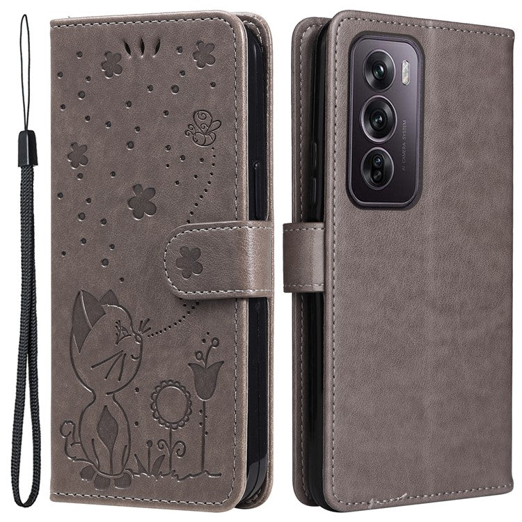 KT Imprinting Flower Series-4 For Oppo Reno12 Pro 5G (Global) / (China) Phone Case Cat Pattern Leather Wallet Cover - Grey