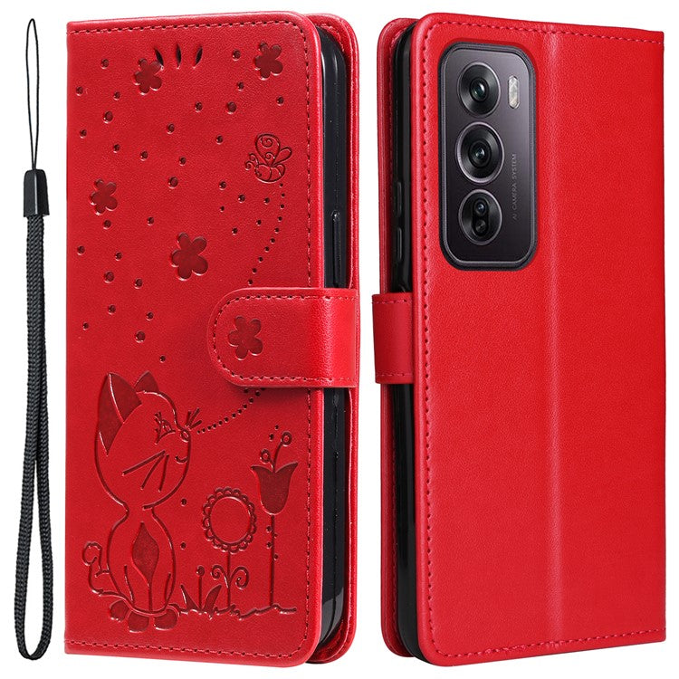 KT Imprinting Flower Series-4 For Oppo Reno12 Pro 5G (Global) / (China) Phone Case Cat Pattern Leather Wallet Cover - Red