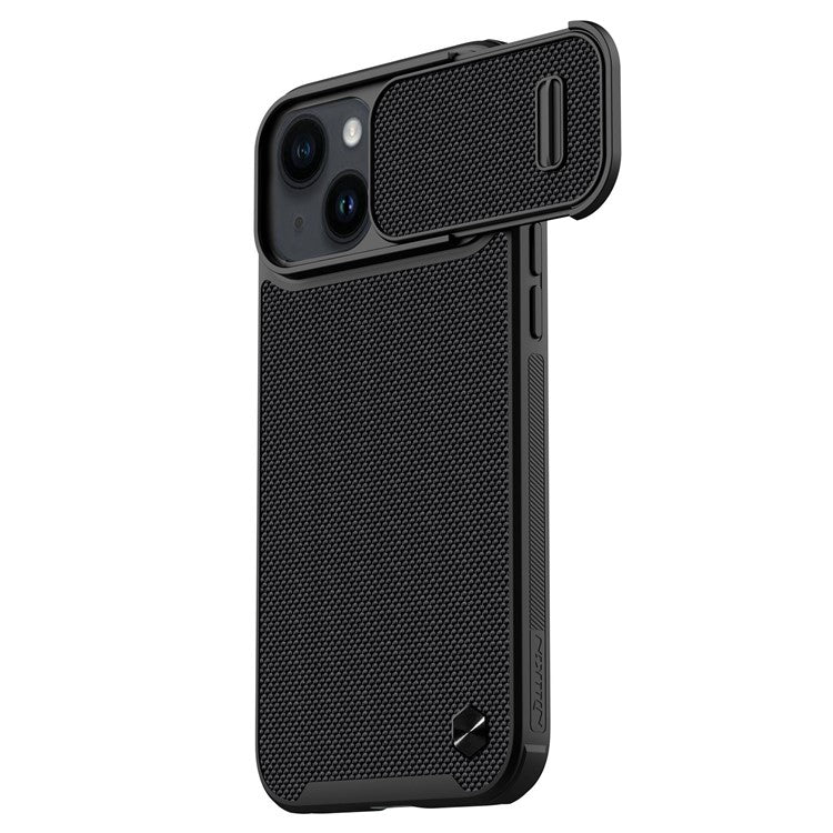 NILLKIN-Drop-proof-Phone-Case-for-iPhone-14-/-iPhone-13,-Nylon-Fiber-Textured-Hard-PC-+-Soft-TPU-Cover-with-Slide-Camera-Protection---Black