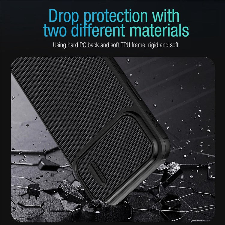 NILLKIN-Drop-proof-Phone-Case-for-iPhone-14-/-iPhone-13,-Nylon-Fiber-Textured-Hard-PC-+-Soft-TPU-Cover-with-Slide-Camera-Protection---Black