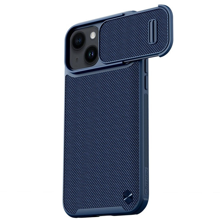 NILLKIN-Drop-proof-Phone-Case-for-iPhone-14-/-iPhone-13,-Nylon-Fiber-Textured-Hard-PC-+-Soft-TPU-Cover-with-Slide-Camera-Protection---Blue