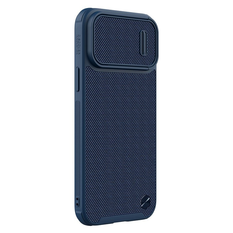 NILLKIN-Drop-proof-Phone-Case-for-iPhone-14-/-iPhone-13,-Nylon-Fiber-Textured-Hard-PC-+-Soft-TPU-Cover-with-Slide-Camera-Protection---Blue