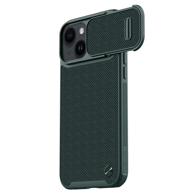 NILLKIN-Drop-proof-Phone-Case-for-iPhone-14-/-iPhone-13,-Nylon-Fiber-Textured-Hard-PC-+-Soft-TPU-Cover-with-Slide-Camera-Protection---Green