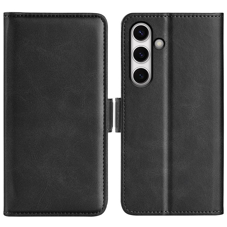 For Samsung Galaxy S24 FE Stand Case Calf Texture Leather Phone Cover with Wallet - Black