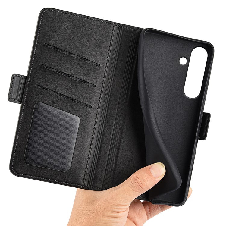 For Samsung Galaxy S24 FE Stand Case Calf Texture Leather Phone Cover with Wallet - Black