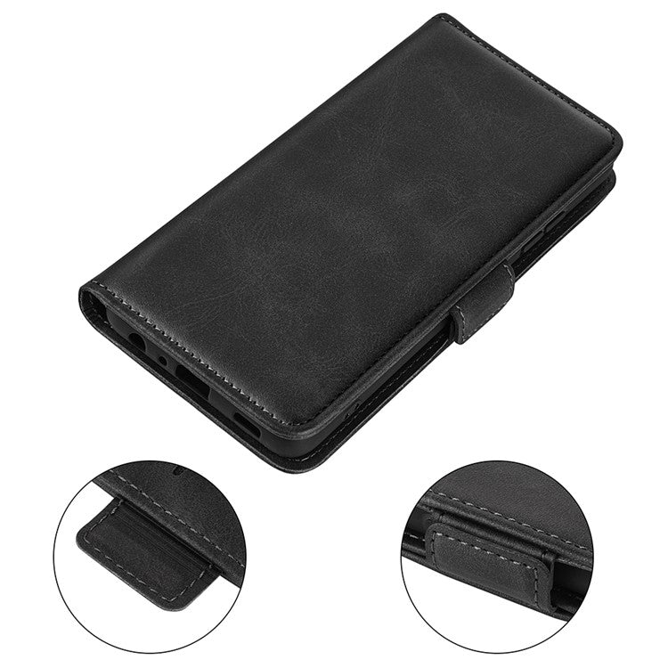 For Samsung Galaxy S24 FE Stand Case Calf Texture Leather Phone Cover with Wallet - Black