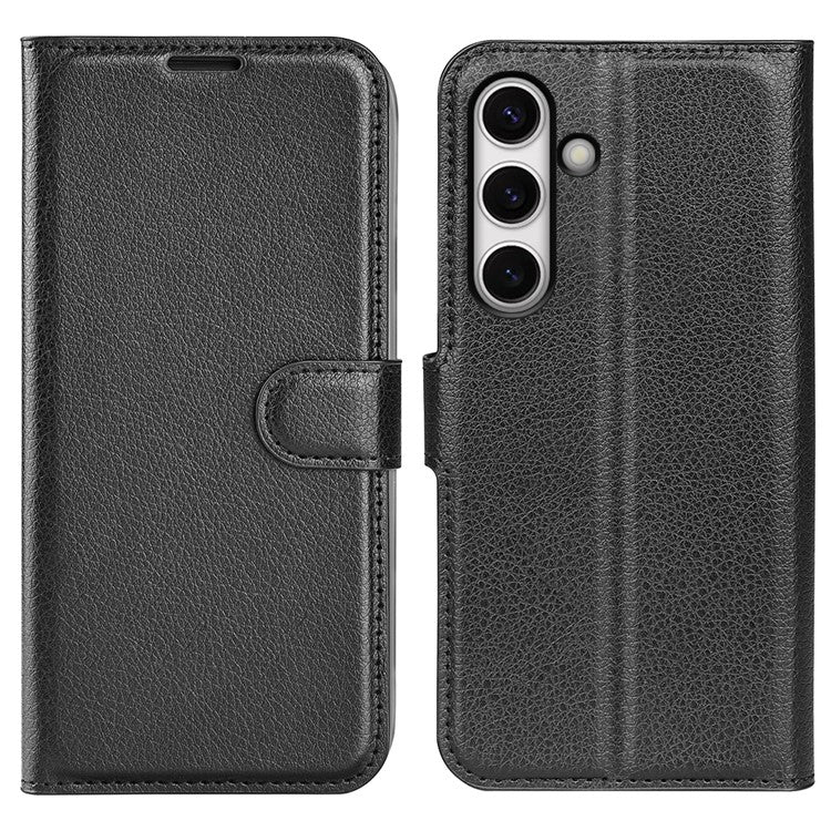 For Samsung Galaxy S24 FE Wallet Phone Case Litchi Texture Anti-Drop Leather Folio Flip Cover - Black