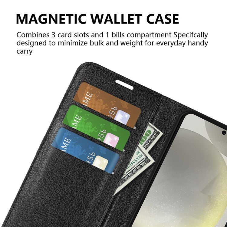 For Samsung Galaxy S24 FE Wallet Phone Case Litchi Texture Anti-Drop Leather Folio Flip Cover - Black