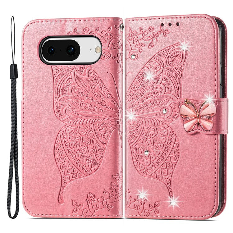 For Google Pixel 8 Case Butterfly Flower Leather Phone Cover 3D Rhinestone Decor - Pink