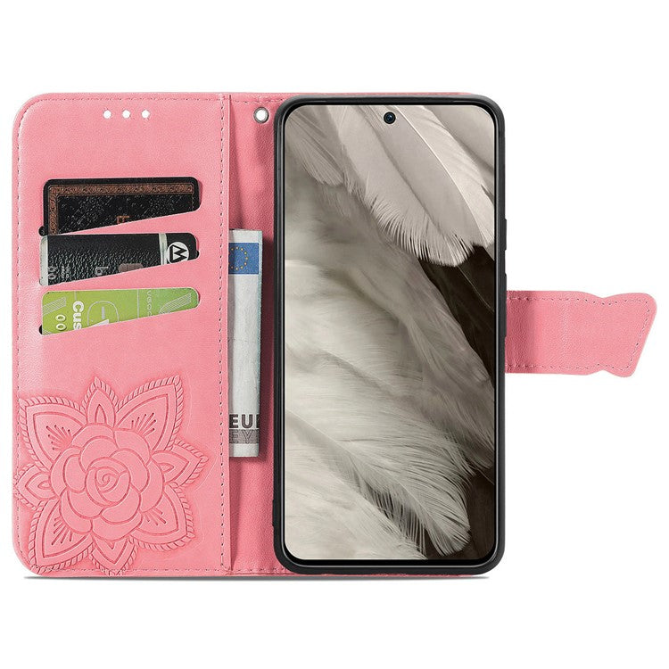 For Google Pixel 8 Case Butterfly Flower Leather Phone Cover 3D Rhinestone Decor - Pink