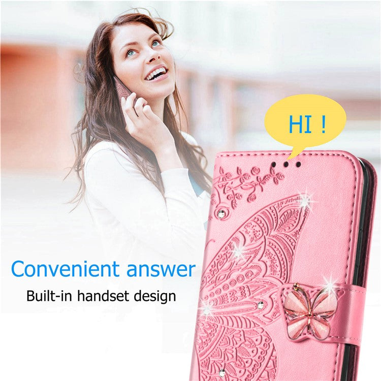 For Google Pixel 8 Case Butterfly Flower Leather Phone Cover 3D Rhinestone Decor - Pink