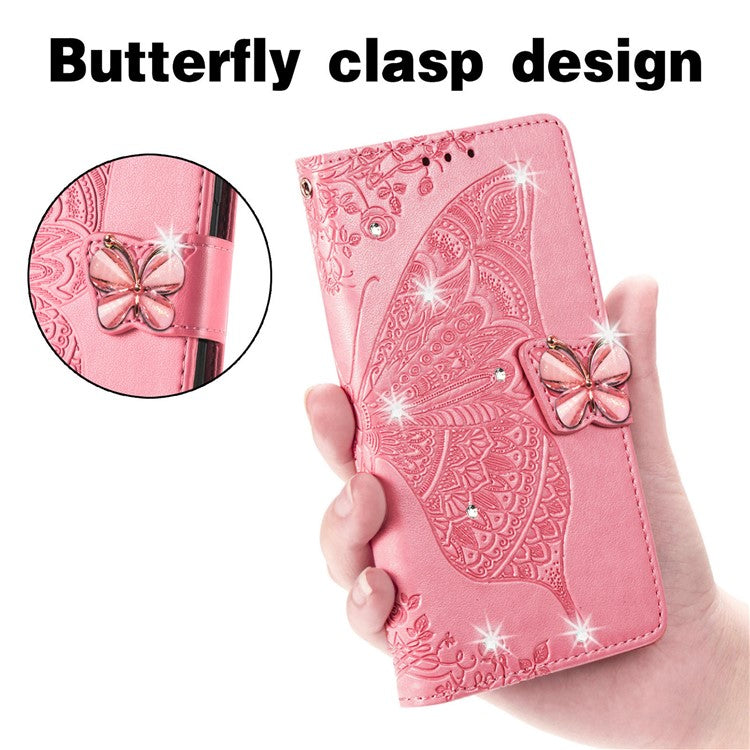 For Google Pixel 8 Case Butterfly Flower Leather Phone Cover 3D Rhinestone Decor - Pink