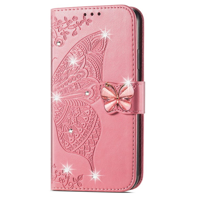 For Google Pixel 8 Case Butterfly Flower Leather Phone Cover 3D Rhinestone Decor - Pink