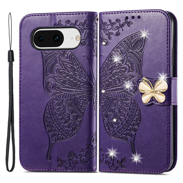 For Google Pixel 8 Case Butterfly Flower Leather Phone Cover 3D Rhinestone Decor - Dark Purple