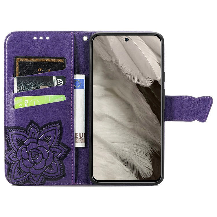 For Google Pixel 8 Case Butterfly Flower Leather Phone Cover 3D Rhinestone Decor - Dark Purple