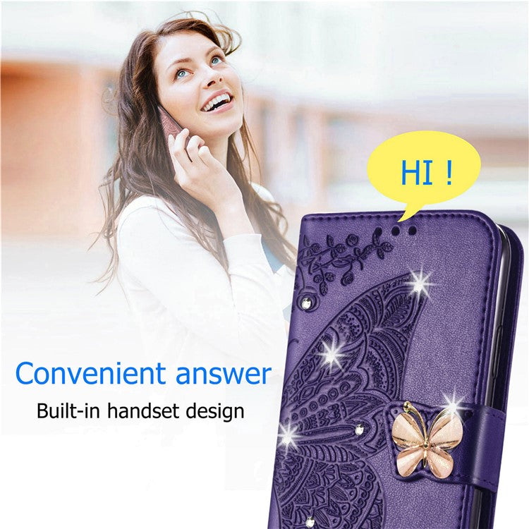 For Google Pixel 8 Case Butterfly Flower Leather Phone Cover 3D Rhinestone Decor - Dark Purple