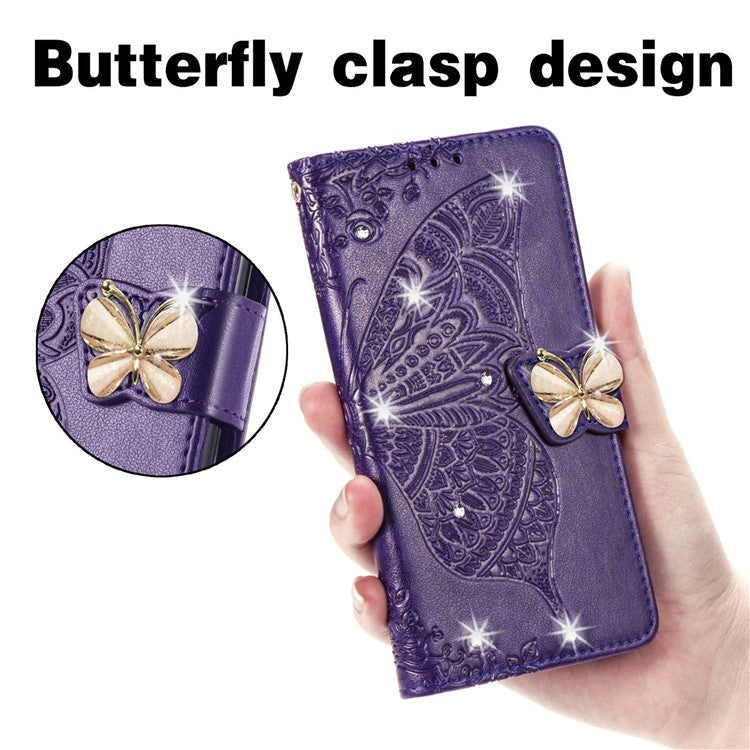 For Google Pixel 8 Case Butterfly Flower Leather Phone Cover 3D Rhinestone Decor - Dark Purple