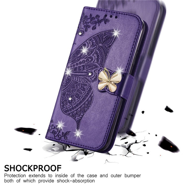 For Google Pixel 8 Case Butterfly Flower Leather Phone Cover 3D Rhinestone Decor - Dark Purple