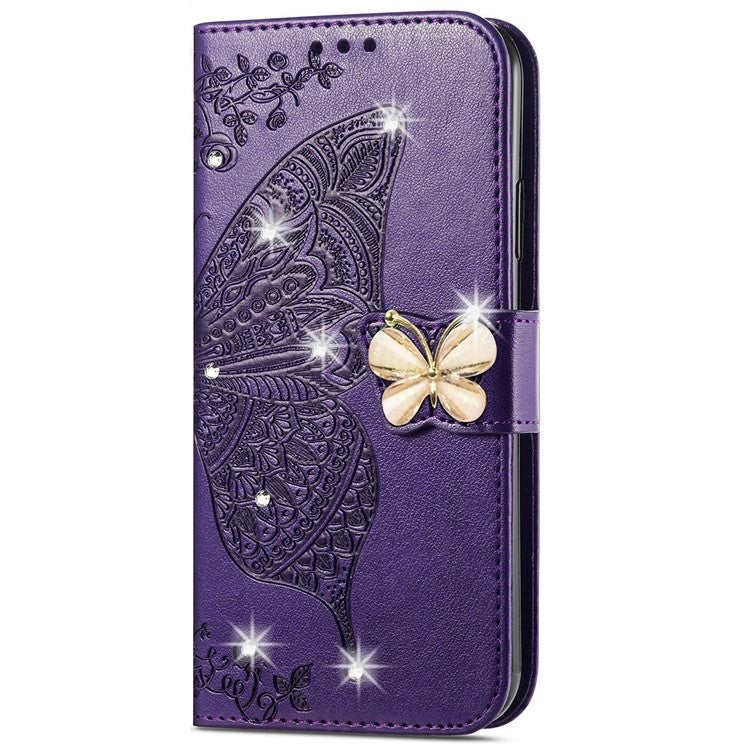 For Google Pixel 8 Case Butterfly Flower Leather Phone Cover 3D Rhinestone Decor - Dark Purple