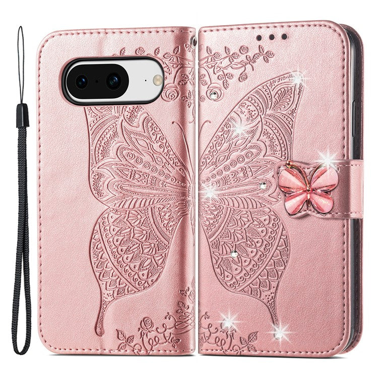 For Google Pixel 8 Case Butterfly Flower Leather Phone Cover 3D Rhinestone Decor - Rose Gold