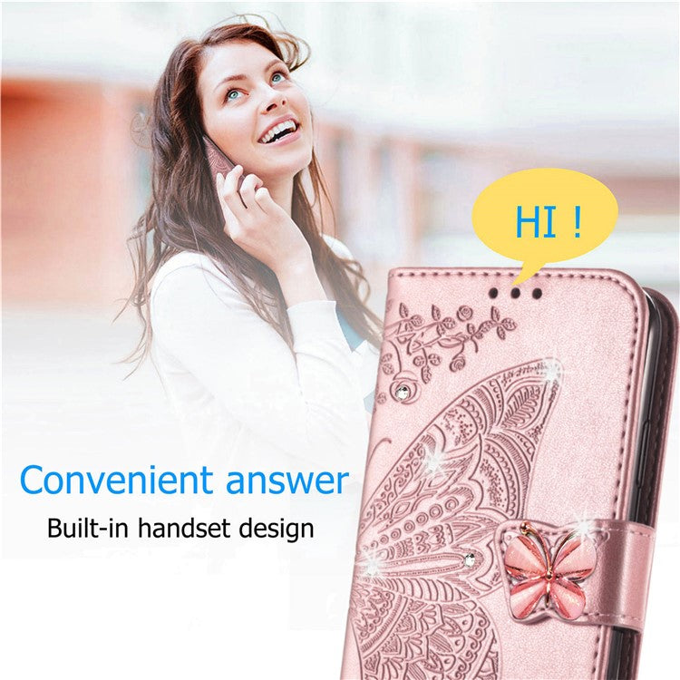 For Google Pixel 8 Case Butterfly Flower Leather Phone Cover 3D Rhinestone Decor - Rose Gold