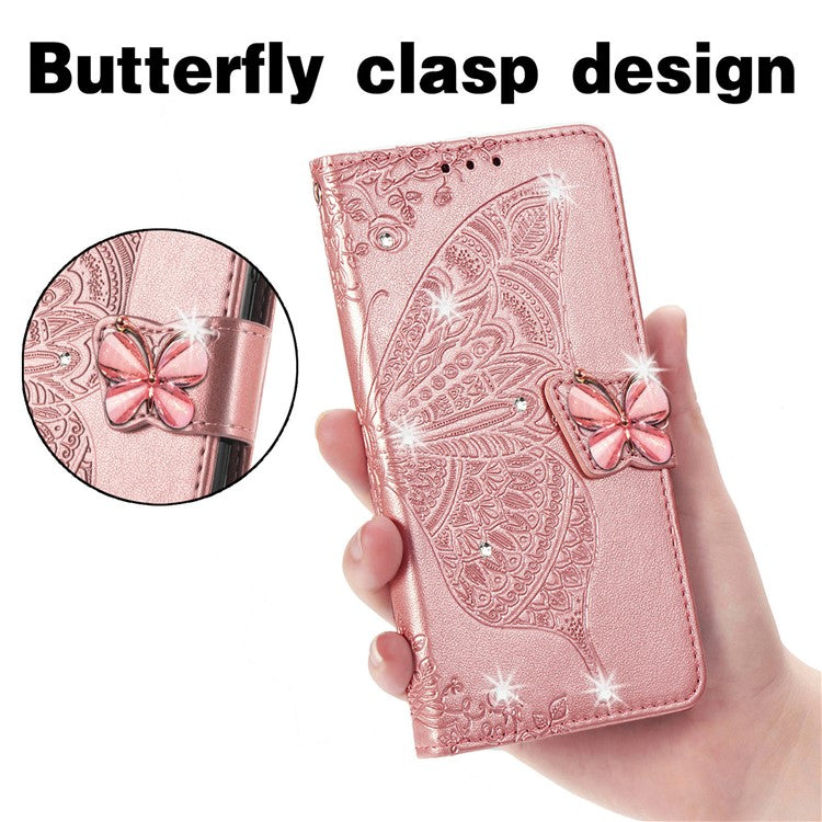 For Google Pixel 8 Case Butterfly Flower Leather Phone Cover 3D Rhinestone Decor - Rose Gold