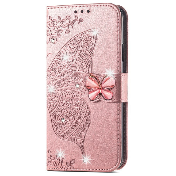 For Google Pixel 8 Case Butterfly Flower Leather Phone Cover 3D Rhinestone Decor - Rose Gold