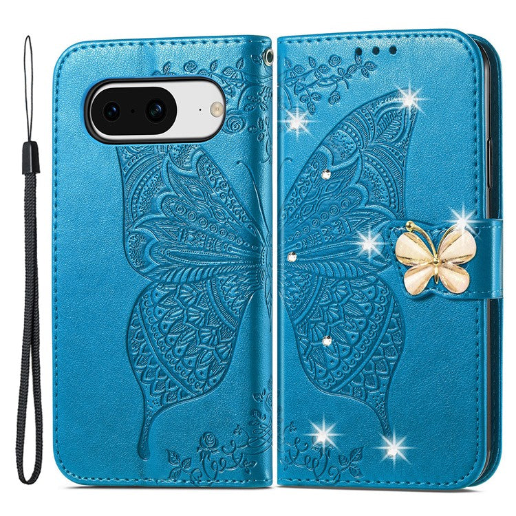 For Google Pixel 8 Case Butterfly Flower Leather Phone Cover 3D Rhinestone Decor - Blue