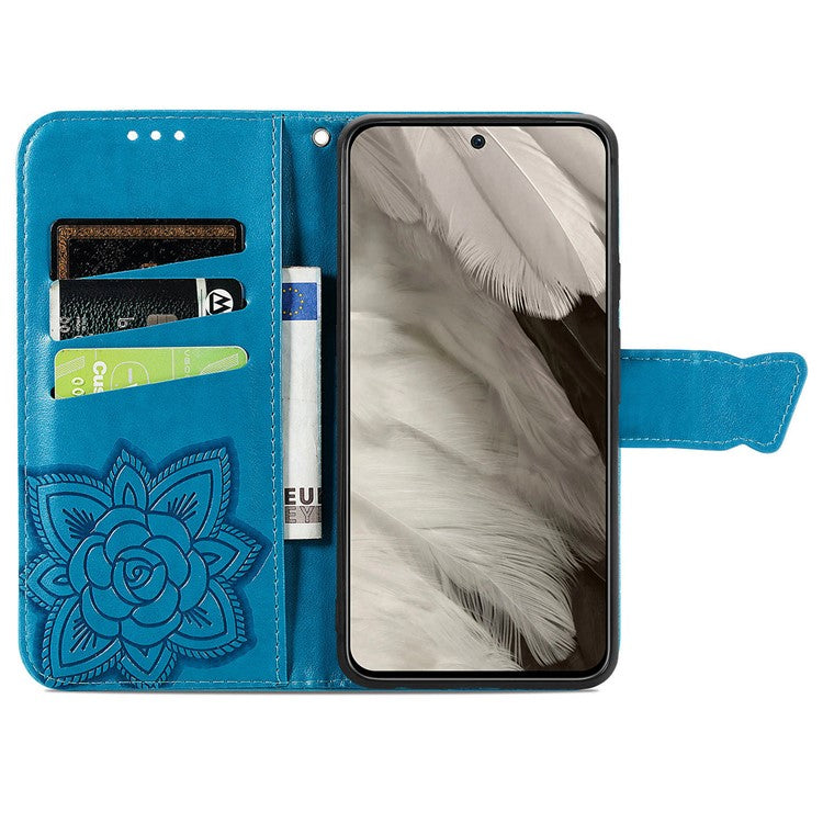 For Google Pixel 8 Case Butterfly Flower Leather Phone Cover 3D Rhinestone Decor - Blue