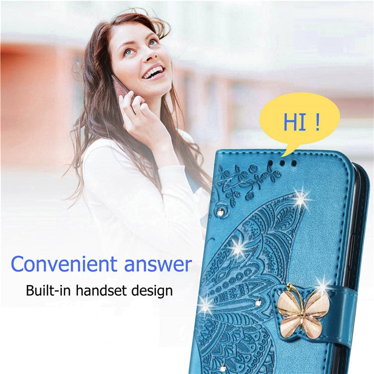 For Google Pixel 8 Case Butterfly Flower Leather Phone Cover 3D Rhinestone Decor - Blue