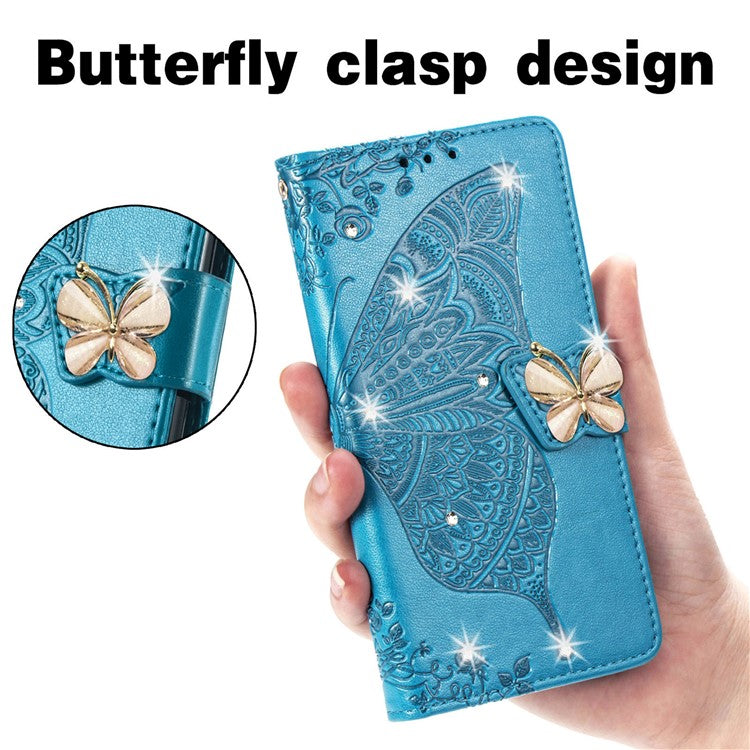 For Google Pixel 8 Case Butterfly Flower Leather Phone Cover 3D Rhinestone Decor - Blue