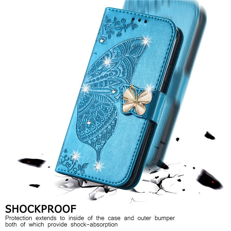 For Google Pixel 8 Case Butterfly Flower Leather Phone Cover 3D Rhinestone Decor - Blue