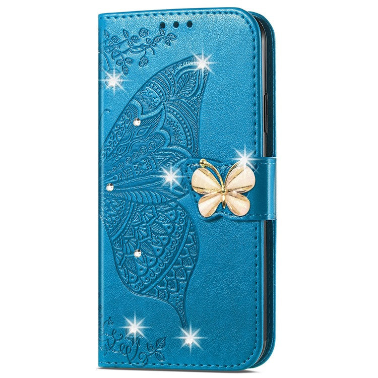 For Google Pixel 8 Case Butterfly Flower Leather Phone Cover 3D Rhinestone Decor - Blue