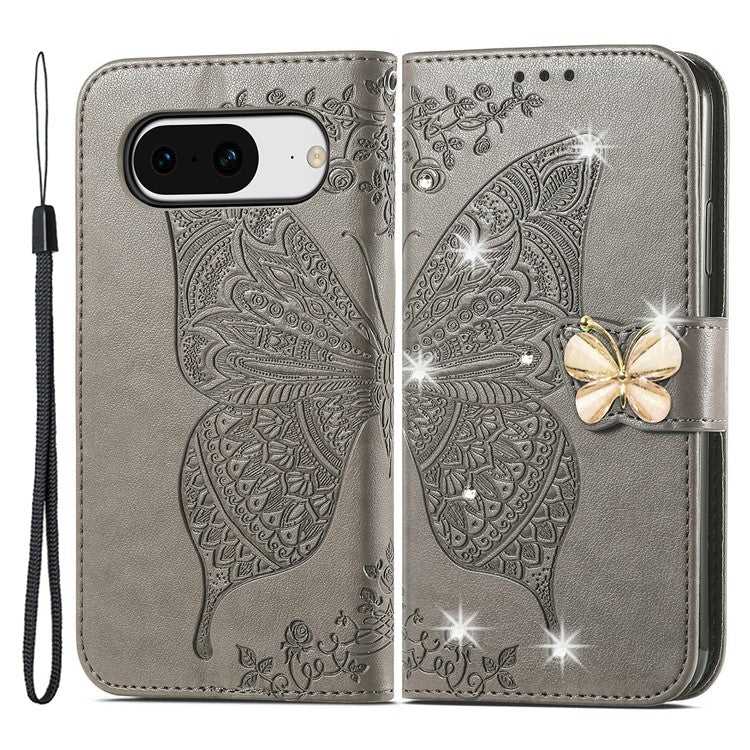 For Google Pixel 8 Case Butterfly Flower Leather Phone Cover 3D Rhinestone Decor - Grey