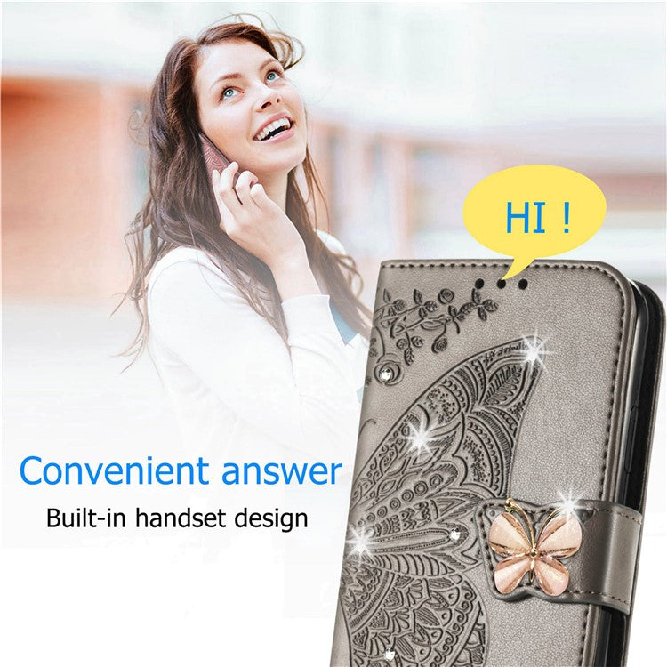 For Google Pixel 8 Case Butterfly Flower Leather Phone Cover 3D Rhinestone Decor - Grey