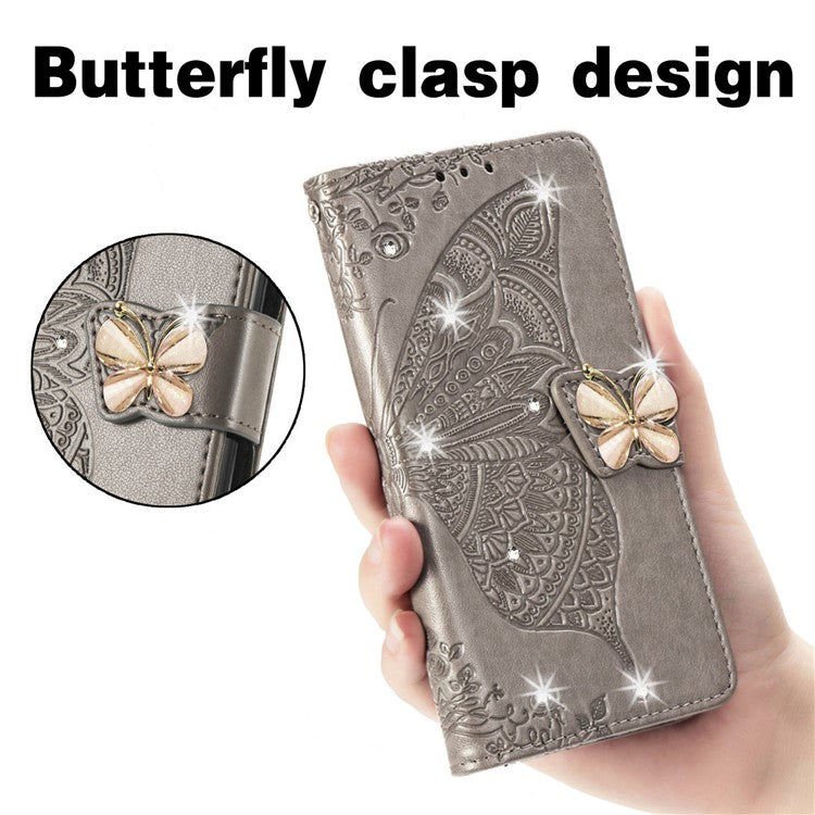 For Google Pixel 8 Case Butterfly Flower Leather Phone Cover 3D Rhinestone Decor - Grey