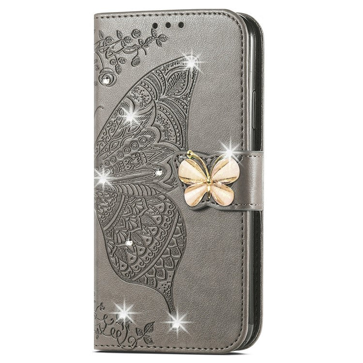 For Google Pixel 8 Case Butterfly Flower Leather Phone Cover 3D Rhinestone Decor - Grey