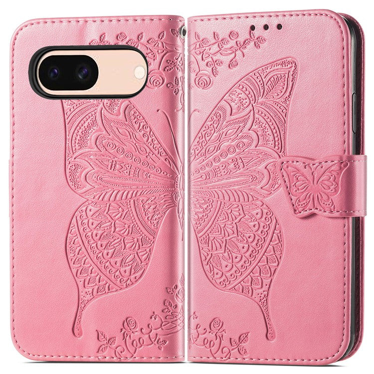 For Google Pixel 8a Case Butterfly Leather Wallet Stand Phone Cover - Pink