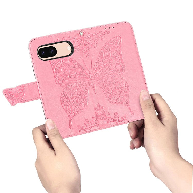 For Google Pixel 8a Case Butterfly Leather Wallet Stand Phone Cover - Pink