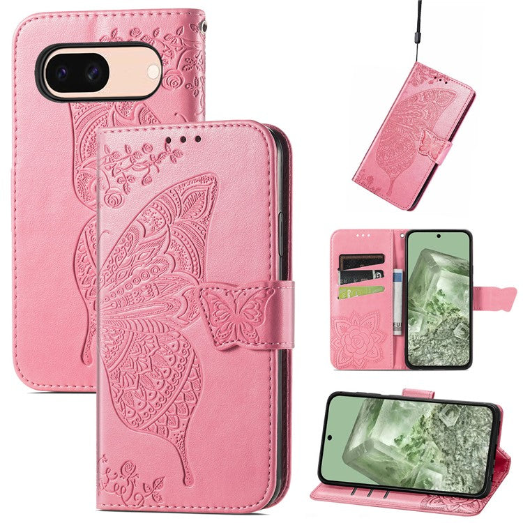 For Google Pixel 8a Case Butterfly Leather Wallet Stand Phone Cover - Pink