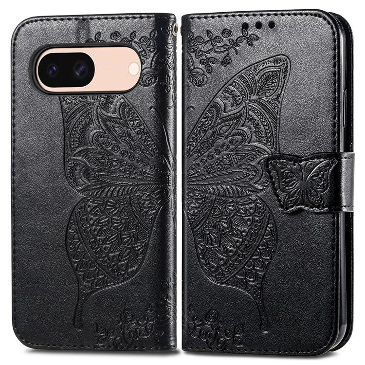 For Google Pixel 8a Case Butterfly Leather Wallet Stand Phone Cover - Black