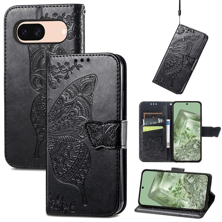 For Google Pixel 8a Case Butterfly Leather Wallet Stand Phone Cover - Black