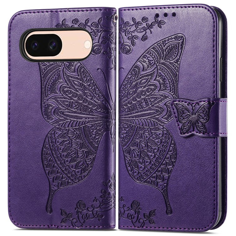 For Google Pixel 8a Case Butterfly Leather Wallet Stand Phone Cover - Dark Purple