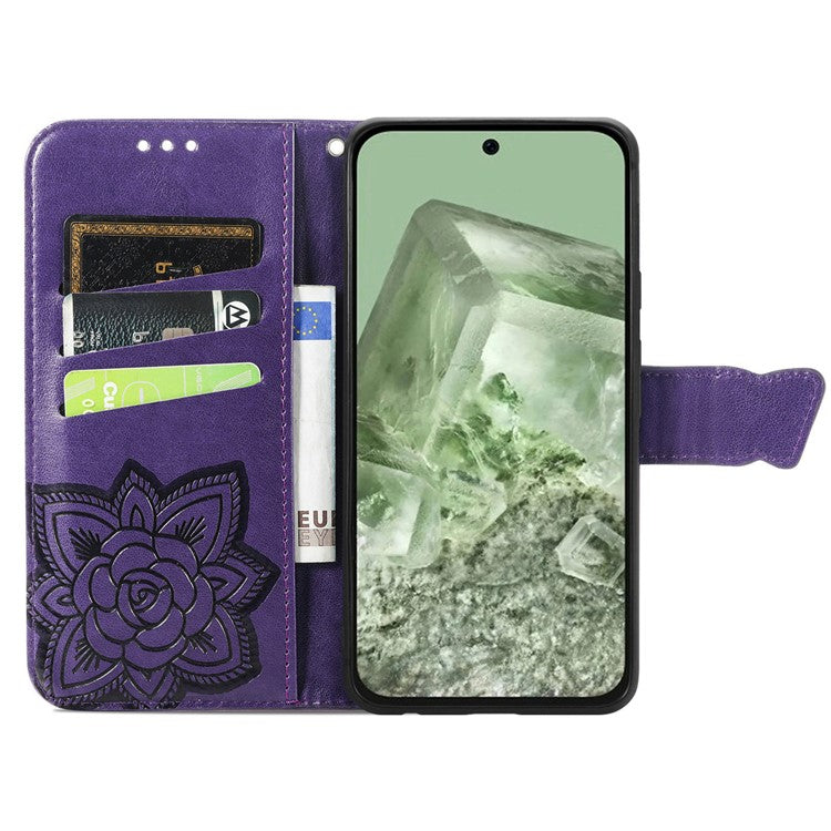 For Google Pixel 8a Case Butterfly Leather Wallet Stand Phone Cover - Dark Purple