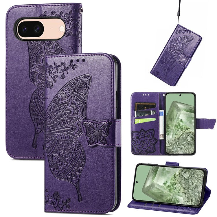 For Google Pixel 8a Case Butterfly Leather Wallet Stand Phone Cover - Dark Purple