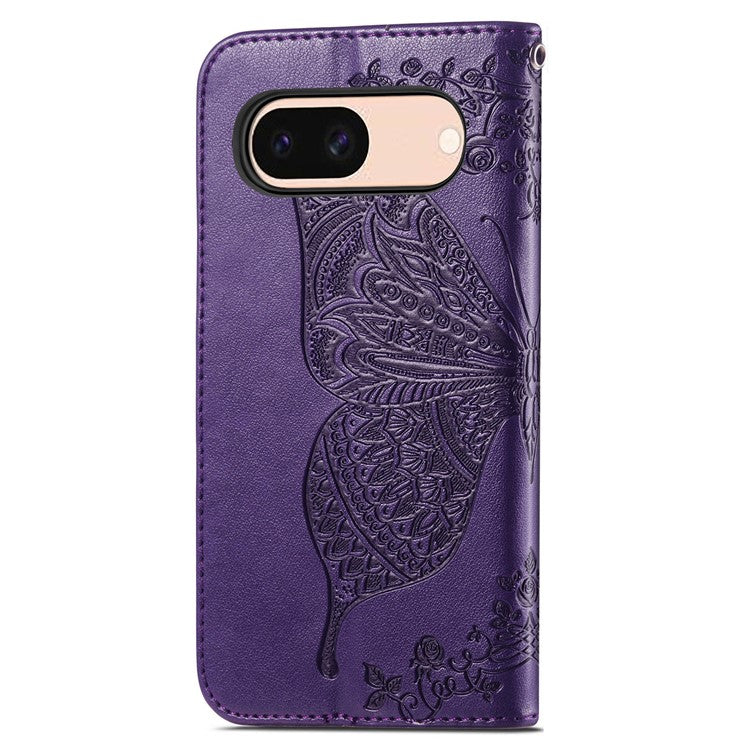 For Google Pixel 8a Case Butterfly Leather Wallet Stand Phone Cover - Dark Purple